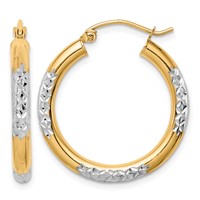 10K & Rhodium Diamond Cut 3mm Hoop Earrings view 1