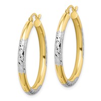 10K & Rhodium Diamond Cut 3mm Hoop Earrings view 2