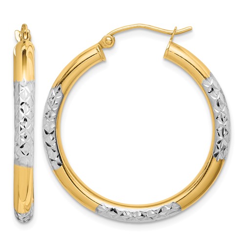 10K & Rhodium Diamond Cut 3mm Hoop Earrings