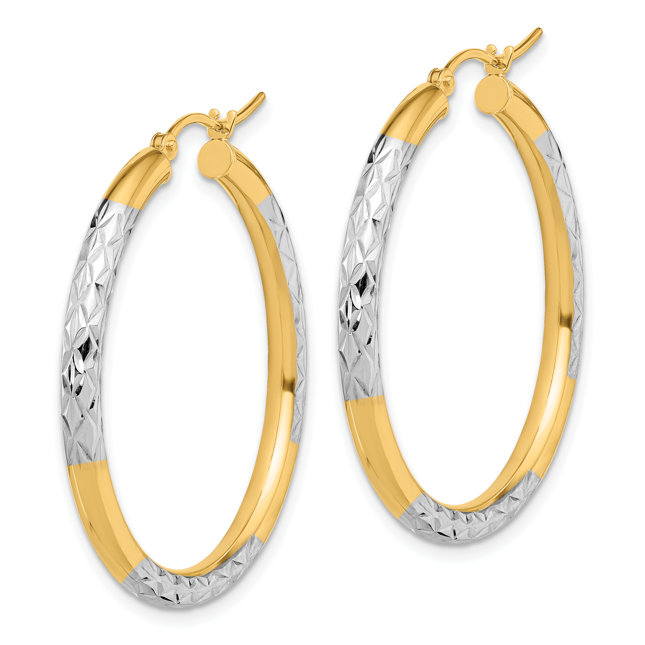 10K & Rhodium Diamond Cut 3mm Hoop Earrings 10TC357 - Picture 2 of 4