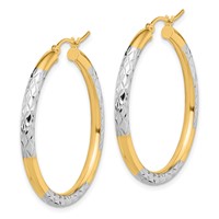 10K & Rhodium Diamond Cut 3mm Hoop Earrings view 2