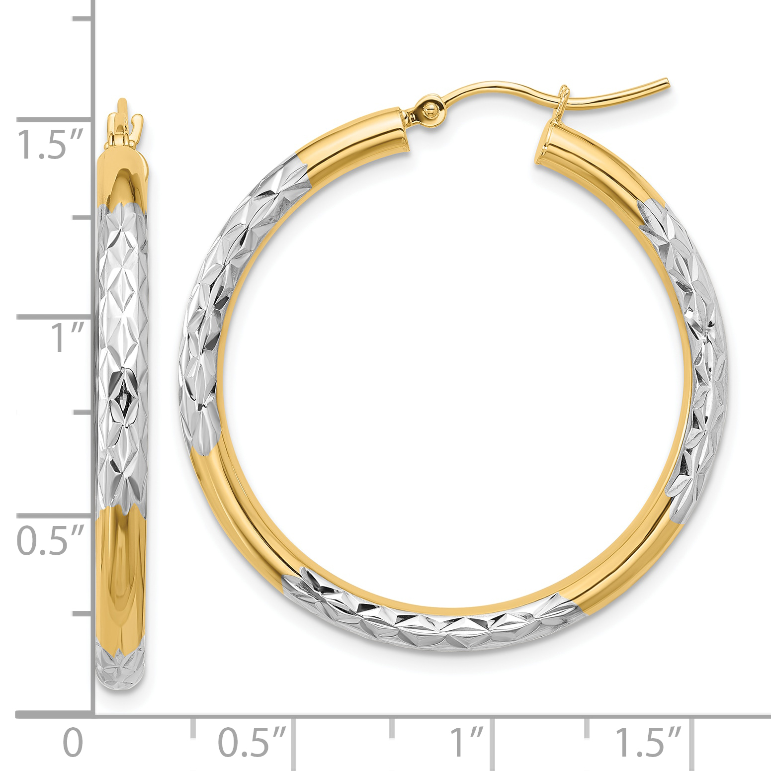 10K & Rhodium Diamond Cut 3mm Hoop Earrings 10TC357 - Picture 4 of 4