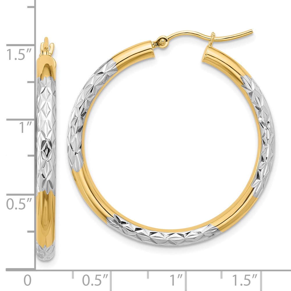 10K & Rhodium Diamond Cut 3mm Hoop Earrings (10TC357)