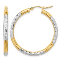 10K & Rhodium Diamond Cut 3mm Hoop Earrings view 1