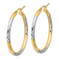 10K & Rhodium Diamond Cut 3mm Hoop Earrings view 2