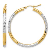 10K & Rhodium Diamond Cut 3mm Hoop Earrings view 1