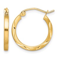 10K Yellow Gold Satin Diamond Cut 2x 20mm Hoop Earrings view 1