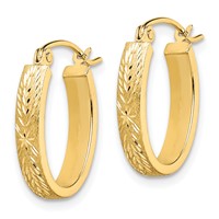 10K Yellow Gold Brushed Diamond Cut Oval Hoop Earrings view 2