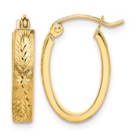 10K Yellow Gold Brushed Diamond Cut Oval Hoop Earrings view 1