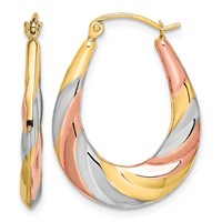 10K and Rhodium Oval Scalloped Hollow Hoop Earrings view 1
