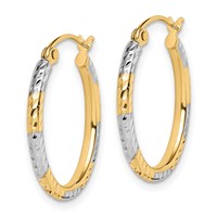 10K & Rhodium Diamond Cut Patterned Oval Hoop Earrings view 2