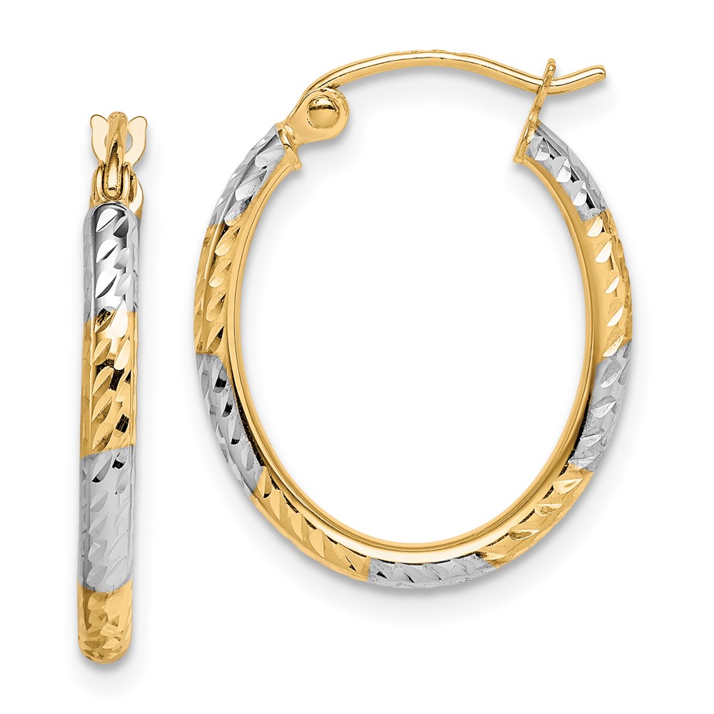 10K & Rhodium Diamond Cut Patterned Oval Hoop Earrings (10TC371)
