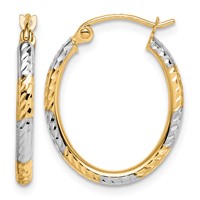 10K & Rhodium Diamond Cut Patterned Oval Hoop Earrings view 1