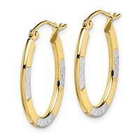 10K and Rhodium Diamond Cut Oval Hoop Earrings view 2