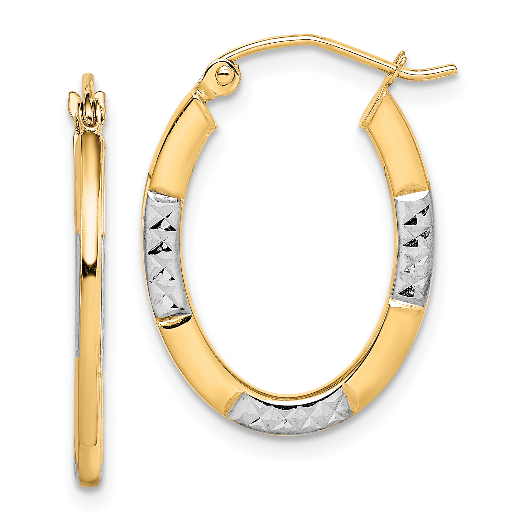 10K and Rhodium Diamond Cut Oval Hoop Earrings (10TC372)