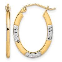 10K and Rhodium Diamond Cut Oval Hoop Earrings view 1