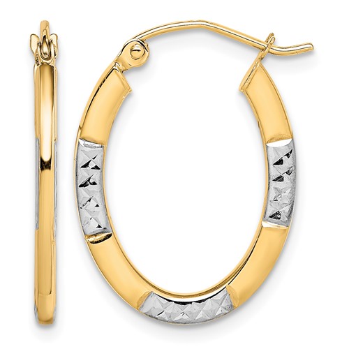10K and Rhodium Diamond Cut Oval Hoop Earrings