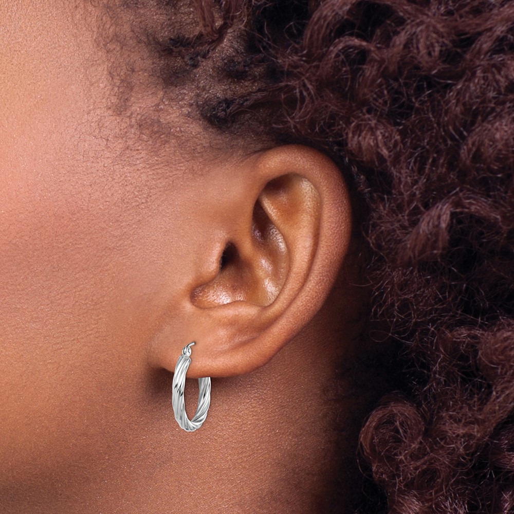 10k White Gold Polished 3mm Twisted Hoop Earrings (10TC385)