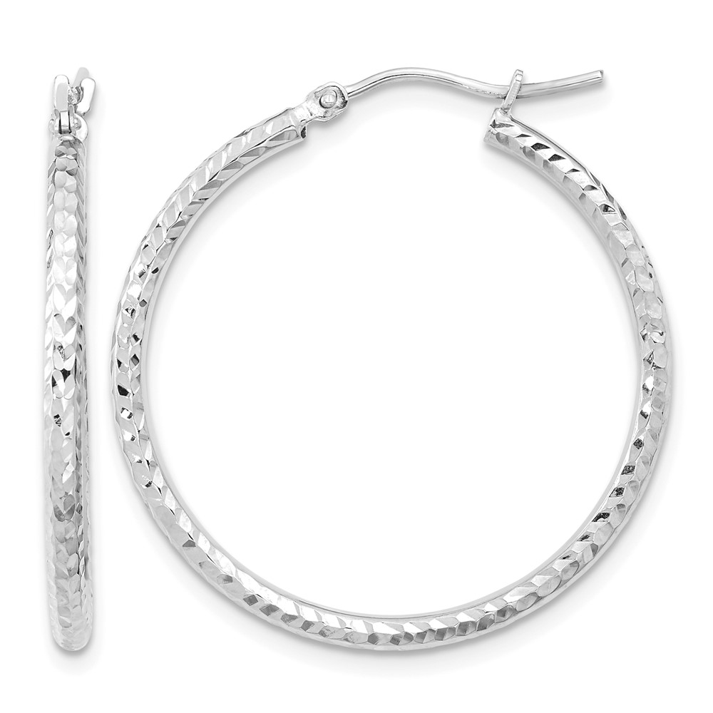 10k White Gold Diamond-cut 2mm Round Tube Hoop Earrings (10TC394W)