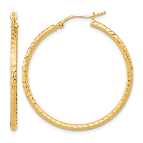 10K Yellow Gold Diamond-cut 2mm Round Tube Hoop Earrings