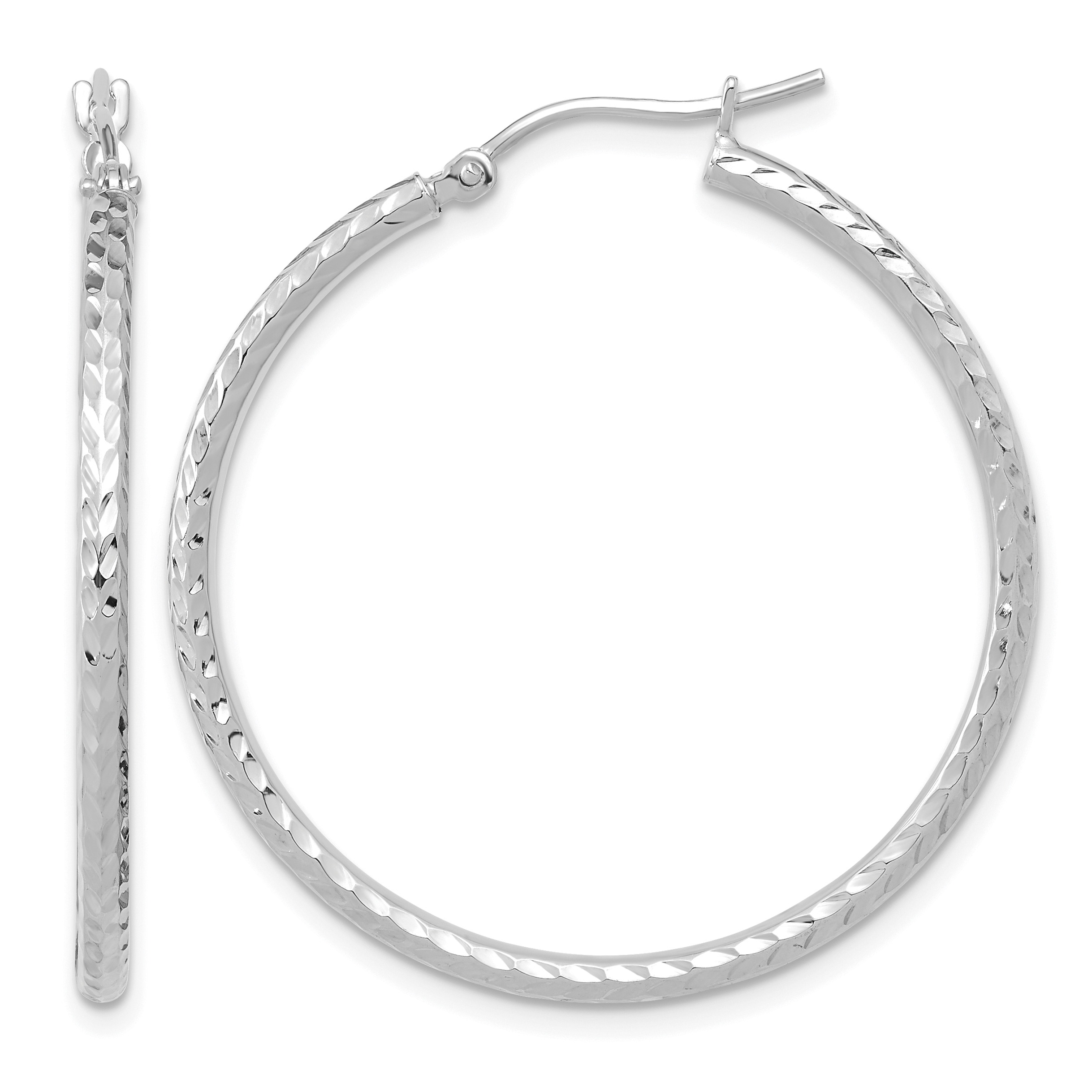 10k White Gold Diamond-cut 2mm Round Tube Hoop Earrings (10TC395W)
