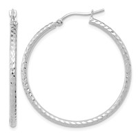 10K White Gold Diamond-cut 2mm Round Tube Hoop Earrings view 1
