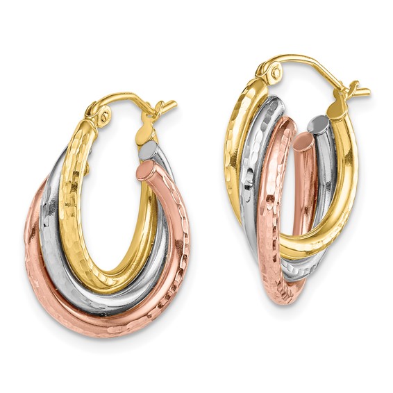 Gold Tri-color Diamond-cut Twisted Hoop Earrings