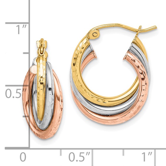 Gold Tri-color Diamond-cut Twisted Hoop Earrings