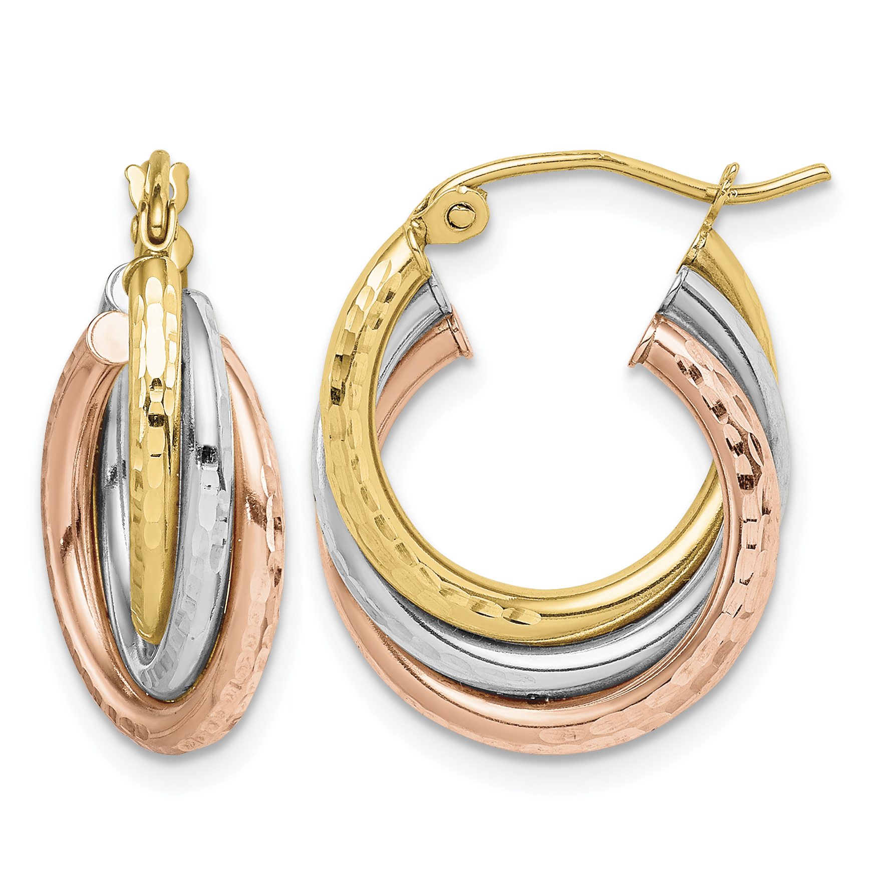 10k Tri-color Diamond-cut Triple Hoop Earrings (10TC410)