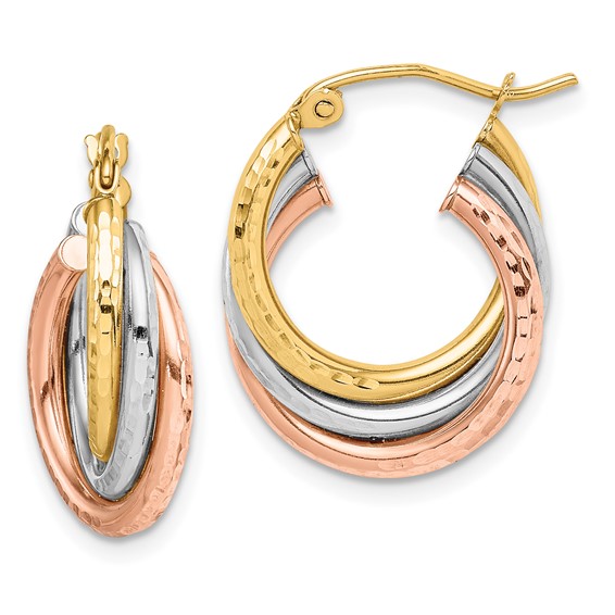 Gold Tri-color Diamond-cut Twisted Hoop Earrings