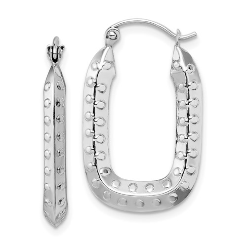 10k White Gold Polished Textured Rectangle Hoop Earrings
