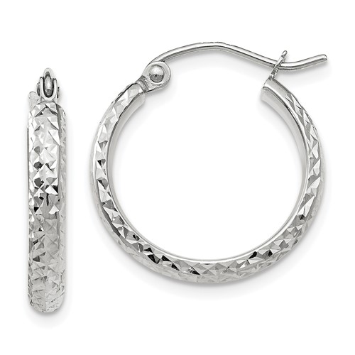 10k White Gold Diamond-cut 2.8x18mm Hollow Hoop Earrings