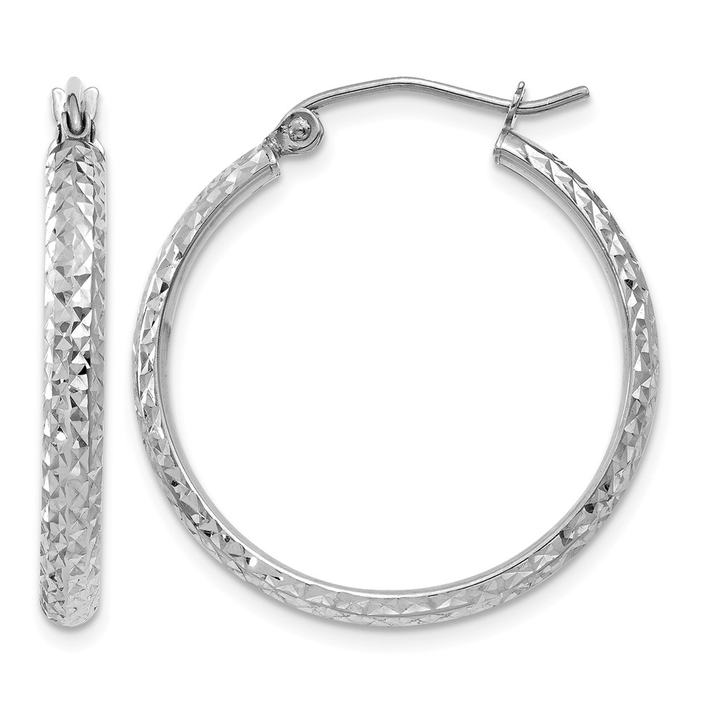 10k White Gold Diamond-cut 2.8x25mm Hollow Hoop Earrings (10TC801)