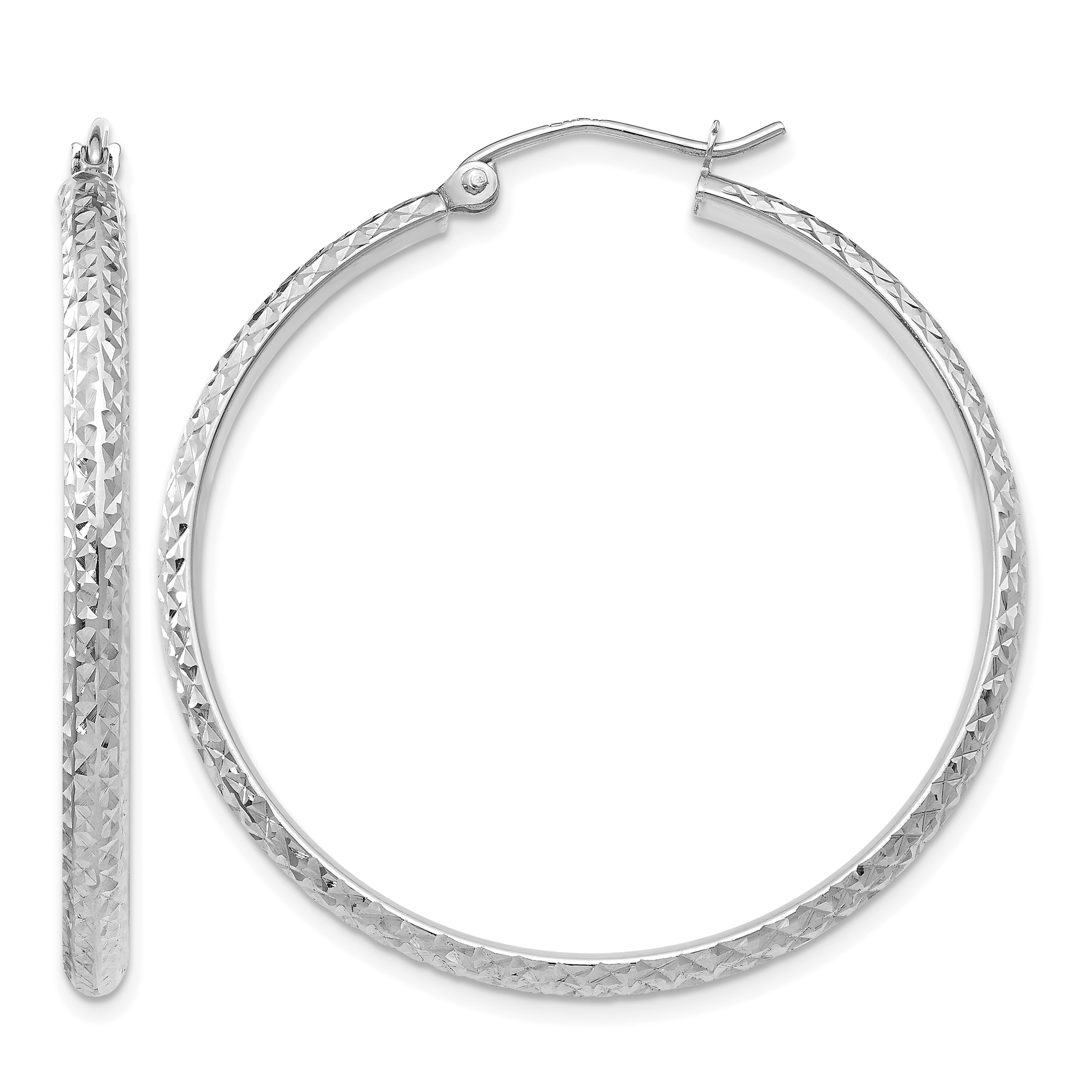 10k White Gold Diamond-cut 2.8x37mm Hollow Hoop Earrings (10TC803)