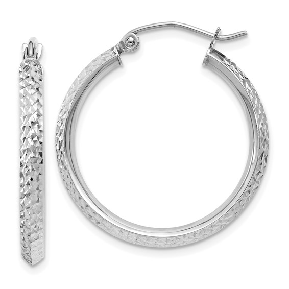 10k White Gold Knife Edge Diamond-cut 2.5x25mm Hoop Earrings