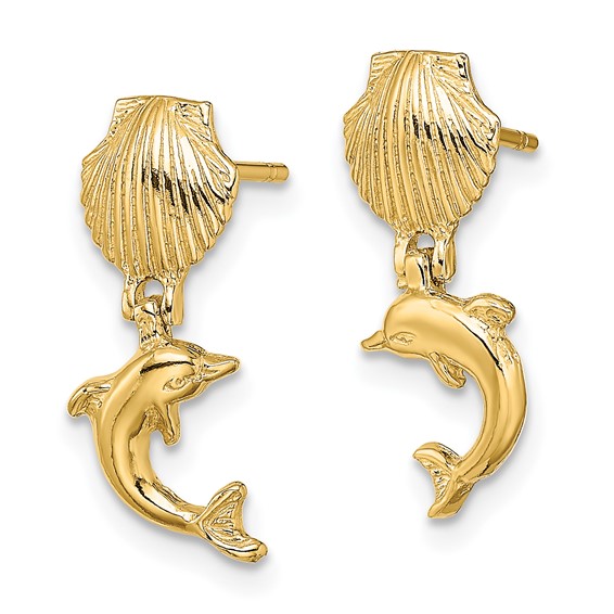 Gold Dolphin w/Shell Dangle Post Earrings