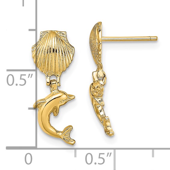 Gold Dolphin w/Shell Dangle Post Earrings