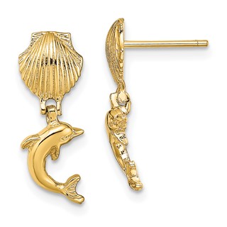 Gold Dolphin w/Shell Dangle Post Earrings