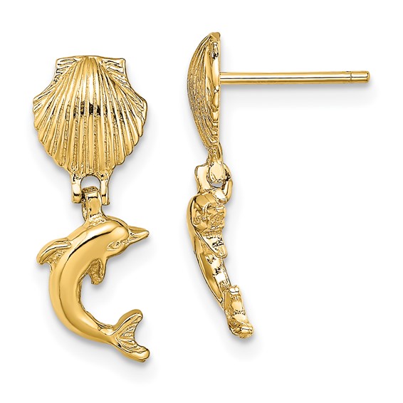 Gold Dolphin w/Shell Dangle Post Earrings