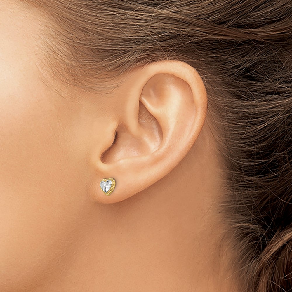 10K W/ Rhodium D/C Heart Post Earrings (10TE910)