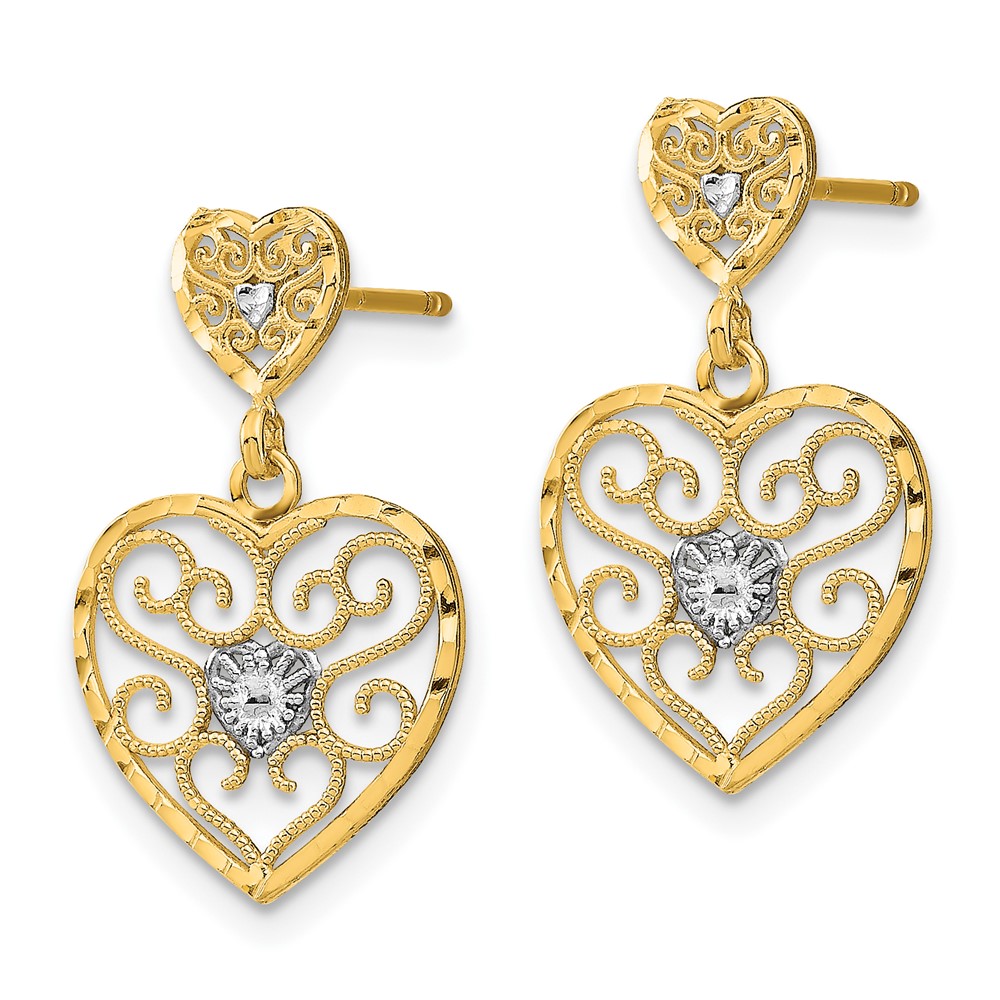 10k w/ RH Heart Beaded Filigree Dangle Earrings (10TE936)