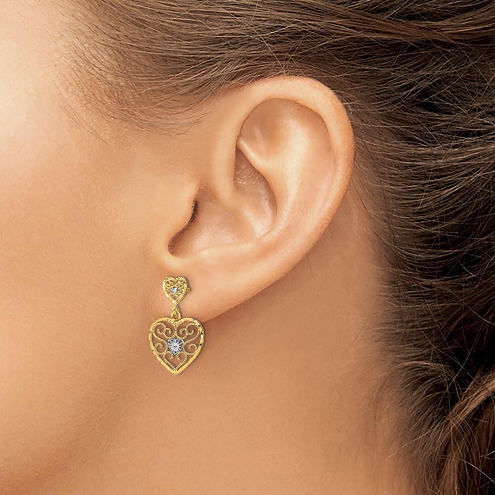 10k w/ RH Heart Beaded Filigree Dangle Earrings (10TE936)