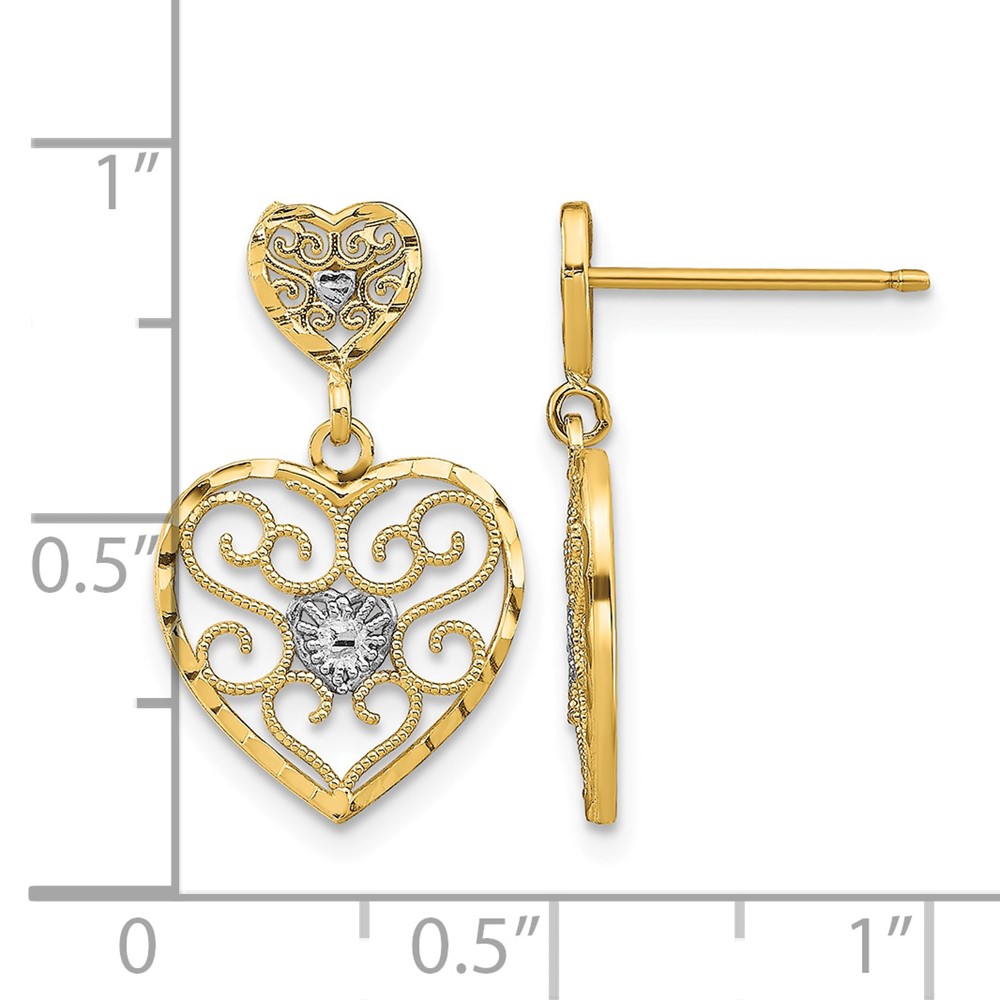10k w/ RH Heart Beaded Filigree Dangle Earrings (10TE936)