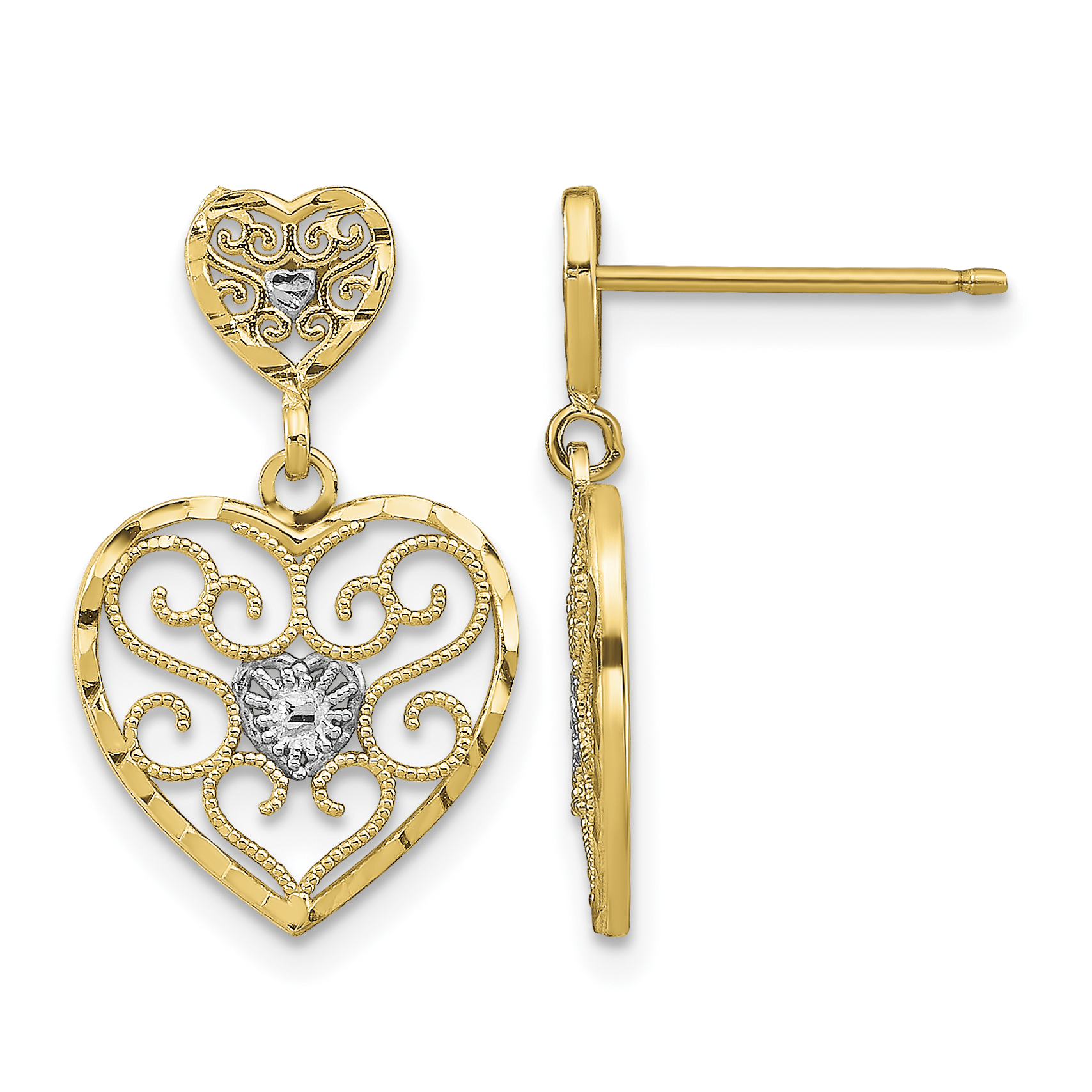 10k w/ RH Heart Beaded Filigree Dangle Earrings (10TE936)