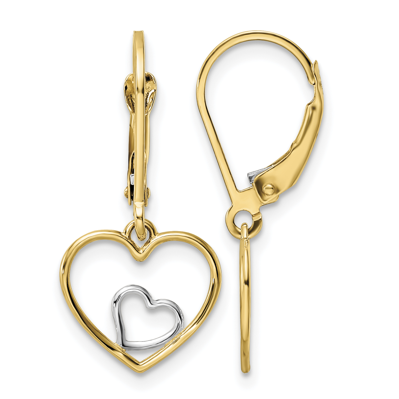 10k w/Rhodium Heart in Heart Leverback Dangle Earrings (10TE966)