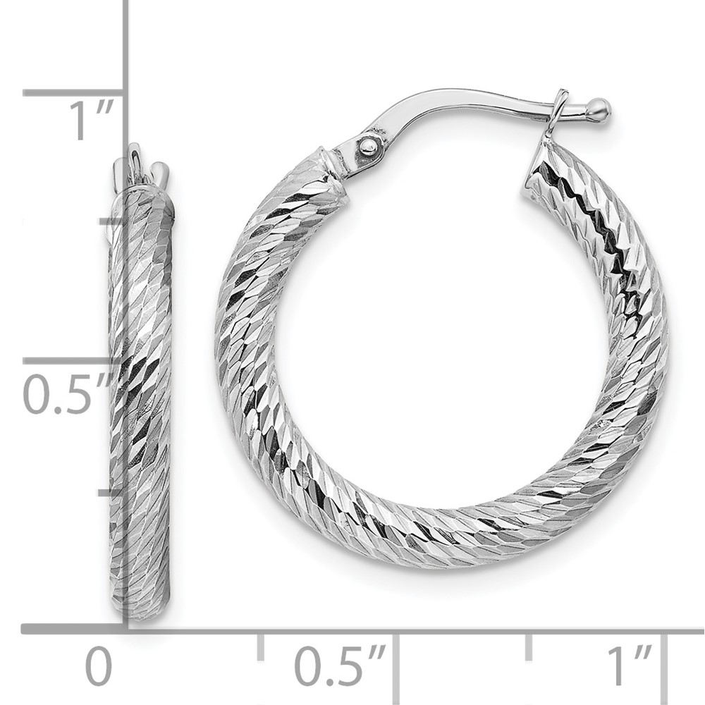 10k 3x15 White Gold Diamond-cut Round Hoop Earrings (10TF1340W)