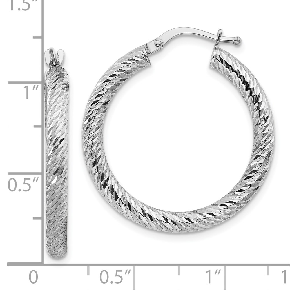 10k 3x20 White Gold Diamond-cut Round Hoop Earrings (10TF1341W)