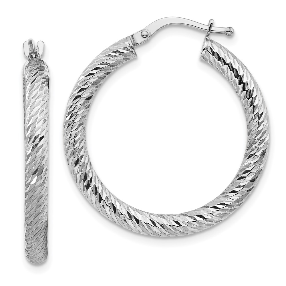10k 3x20 White Gold Diamond-cut Round Hoop Earrings (10TF1341W)