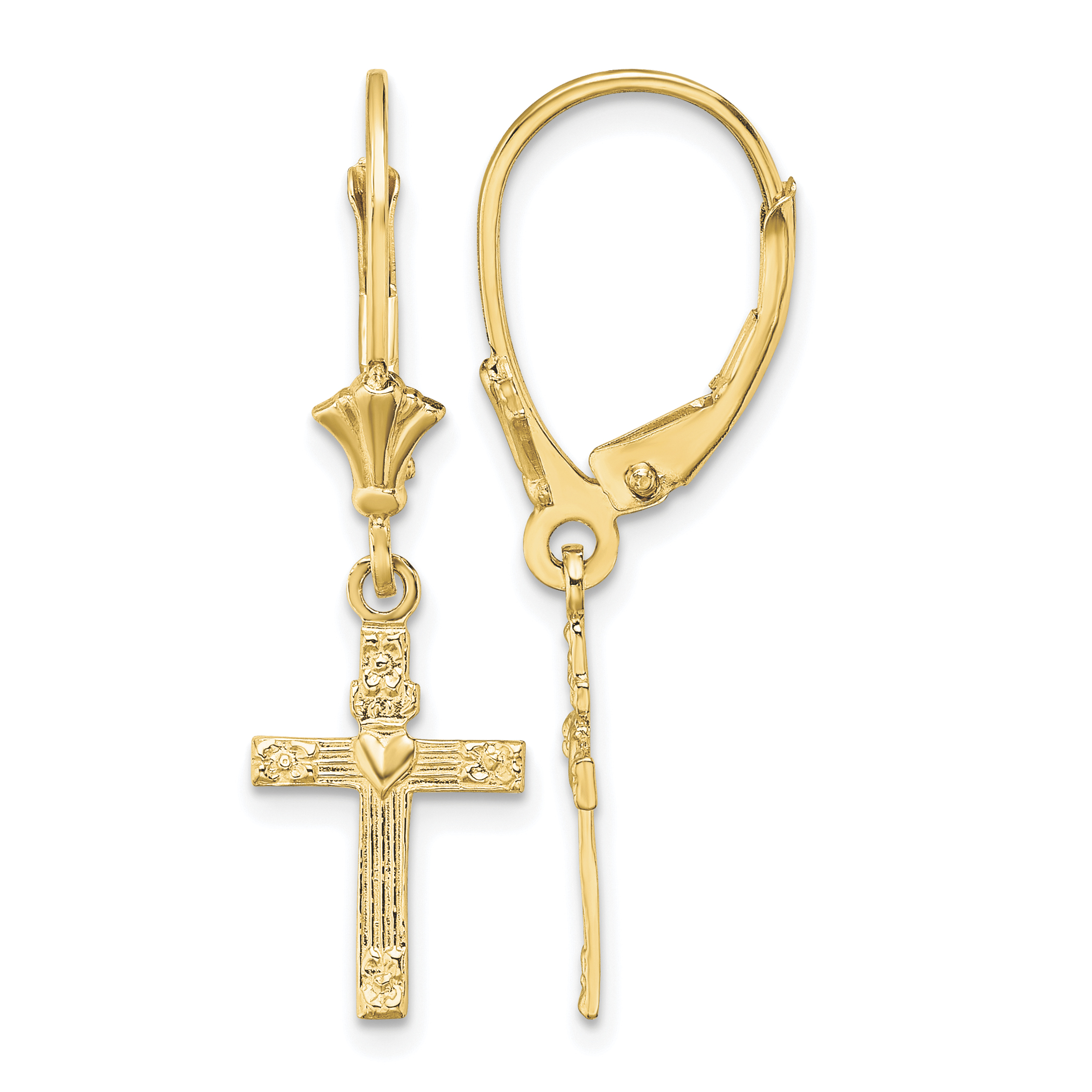 10K Textured Heart In Cross Leverback Earrings (10TF1774)