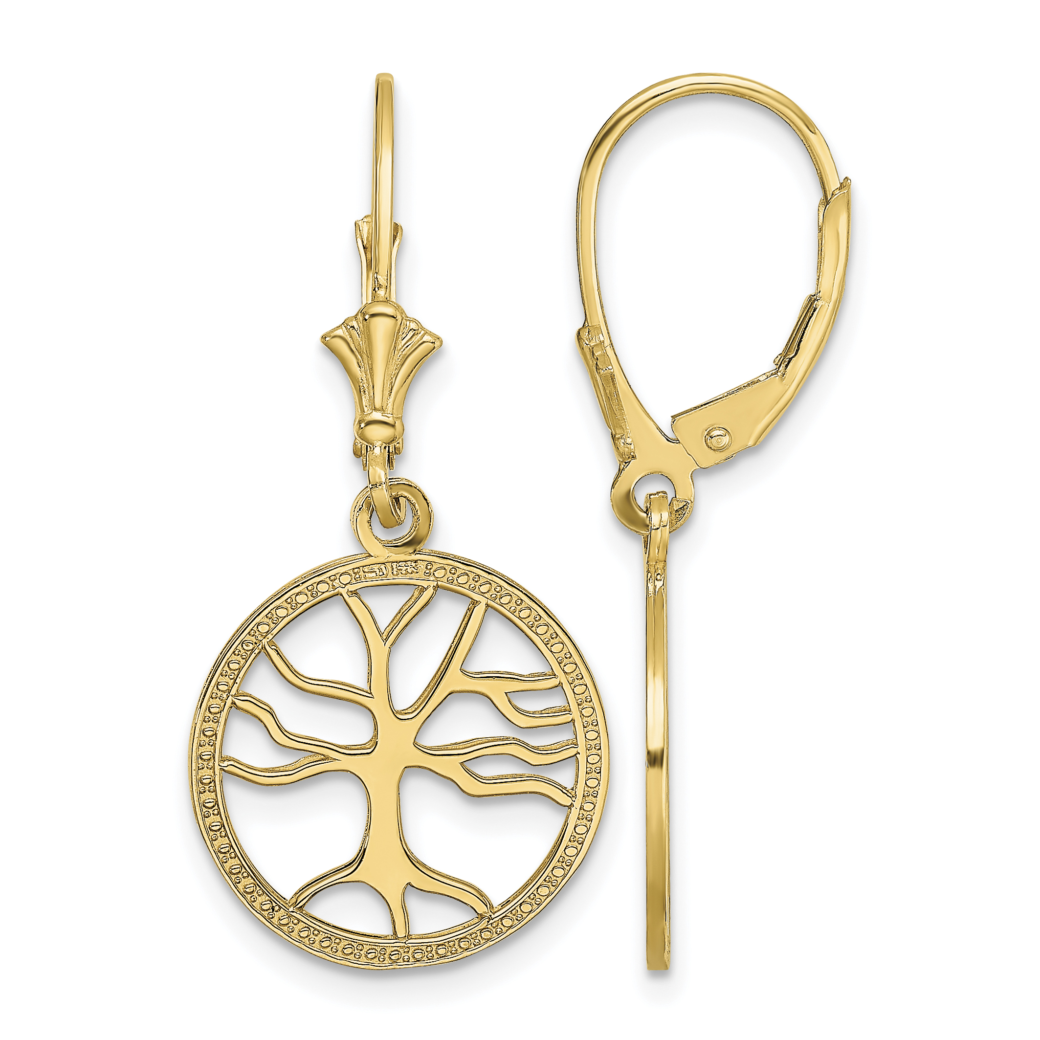 10K Tree of Life In Round Frame Leverback Earrings (10TF1781)